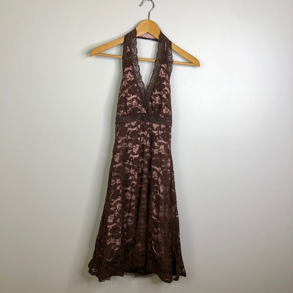 Brown and Pink Lace Halter Dress